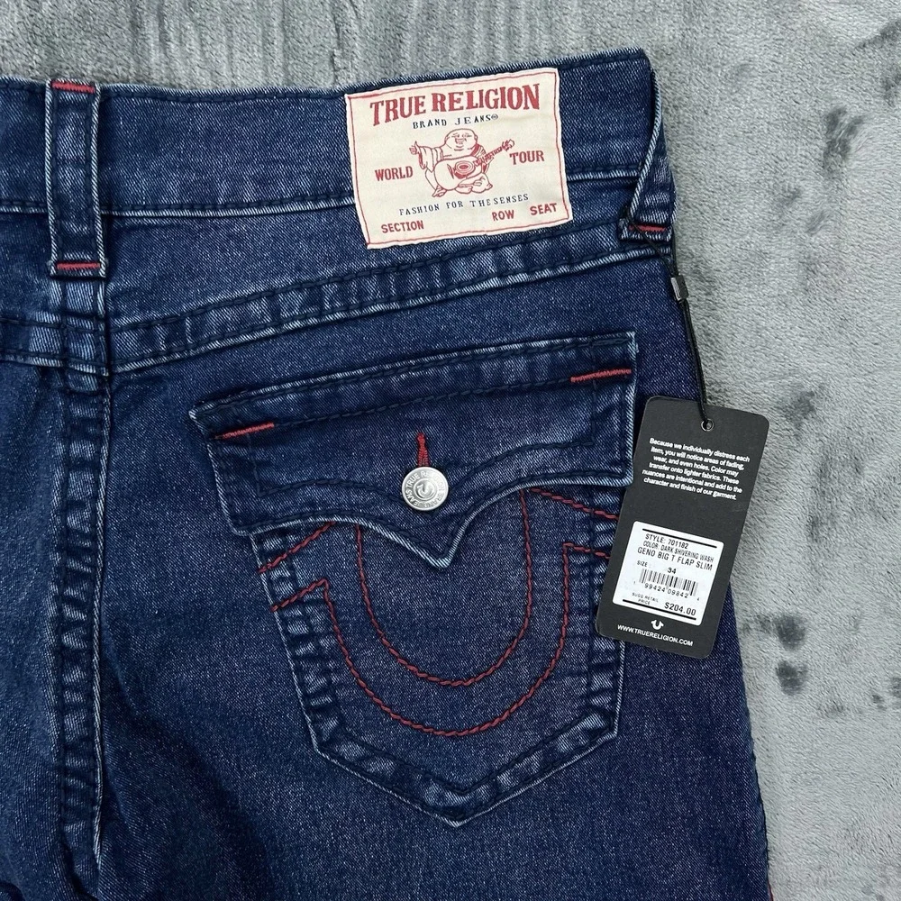 NWT True‎ Religion Dark Blue Red Stitch 34X30 Geno Relaxed Big T Flap $204 new